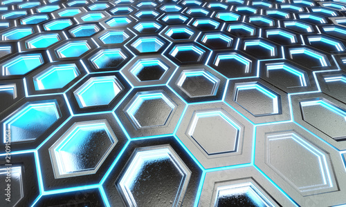 Glowing black and blue hexagons background pattern on silver metal surface 3D...
