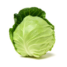 Whole Head Of Green Leafy Cabbage On White Background Isolated Close Up, Round Ripe White Headed Cabbage, Fresh Vegetable Design.