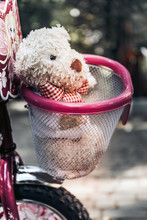 Teddy Bear Sat On Vintage Bicycle That Out Door. Lovely Teddy Bear In Basket On Child Bike On The Street.