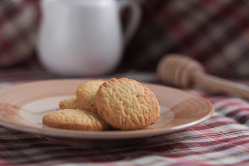 Round sweet cookies. Delicious dessert with high sugar and carbohydrate suitable for eating with milk and tea or coffee on color and white background with colorful placemat