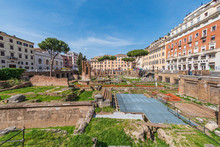 Rome, Italy - April 01 2019: The  Ruins Of Largo Di Torre Argentina Sacred Area Containing Roman Temples And The Remains Of Pompey's Theatre, Now A Cat Sanctuary.