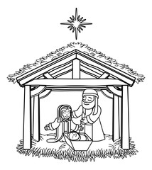 A Christmas nativity scene coloring cartoon, with baby Jesus, Mary and Joseph in the manger and star above. Christian religious illustration.