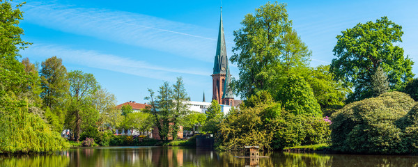 Poster - View of the pond and St. Lamberti Church of Oldenburg, Germany.