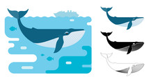 Blue Whale Icons. Flat Vector Illustration Of Blue Whale. Decorative Cute Illustration For Children. Graphic Design Elements For Print And Web.
