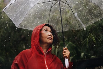 Wall Mural - Elderly woman with umbrella in rainy day 