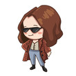 Vector illustration of cute chibi character isolated on white background. Cartoon girl in sunglasses, long coat and blue jeans.