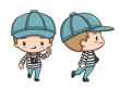 Vector illustration of cute chibi character isolated on white background. The boy traveler in red beret with camera. Front view and side view.