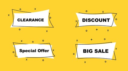 Wall Mural - Flat linear promotion ribbon banner, scroll, price tag, sticker, badge, poster with yellow background.Vector illustration