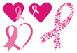 Set of pink ribbons with hearts. Breast cancer awareness ribbons collection. Vector illustration for health.