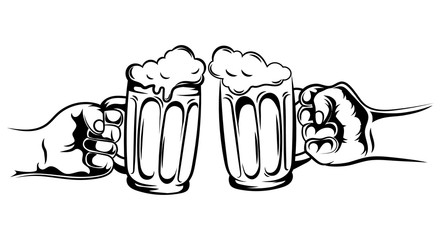 Two glasses of beer. Black and white illustration for oktoberfest or beer festival. Two hands with glasses of beer.