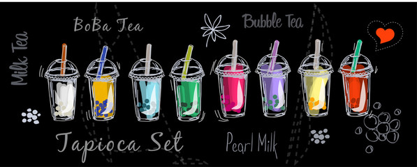 Milk bubble tea drink set vector illustration