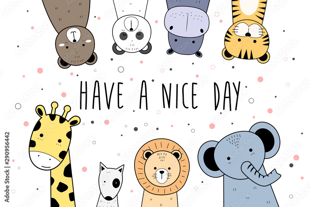 Cute kawaii animals set giraffe bear panda hippo tiger elephant lion ...