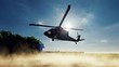 A Blackhawk military helicopter lands on a dusty road on a clear day in a deserted area. 3D Rendering