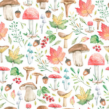 Watercolor Cute Seamless Pattern Forest Fall Leaves, Mushrooms, Berries For Holiday, Greeting Cards, Posters, Books, Envelopes, Photo Album, Banner, Template.