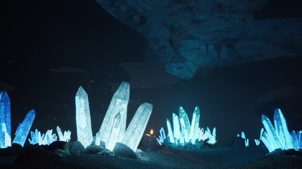 Wall Mural - Blue mystical cave with the magic of sparkling crystals. 3D Rendering