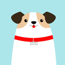 Dog Face Head. White Puppy Pooch. Red Collar Bone. Cute Cartoon Kawaii Funny Baby Character. Flat Design Style. Help Homeless Animal Concept. Adopt Me. Pet Adoption. Blue Background. Isolated.