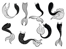 Set Of Tails Mermaids. Collection Of Stylized Mermaid Tails For Clipart. Black White Vector Illustration For Children. Tattoo.