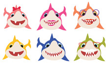 Set Of Cartoon Shark Family. Collection Of Stylized Sharks For Children. Vector Illustration Of Cute Predatory Fish.