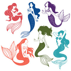 Set of silhouette mermaids. Collection of stylized mermaids. Vector illustration of mystical creatures for children.