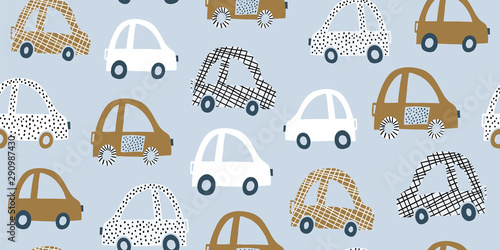 Kids handdrawn seamless pattern with colorful cars Canvas Print