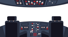 Pilots cockpit interior with dashboard and chairs flat vector illustration.