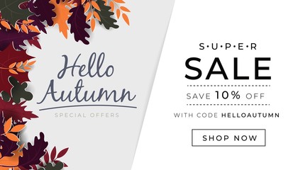 Autumn promo banner with paper style leaves vector illustration. Landing internet page for website app. Save ten percents off with code helloautumn and button shop now. Super sale advertising concept