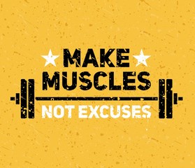 Wall Mural - Hard and strong pumping gym flyer banner vector illustration. Make muscles not excuses inspiring workout and fitness motivation print flat style design. Healthy lifestyle concept
