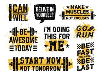 Poster - Sport fitness and gym motivational prints set vector illustration. Inspiring workout and fit motivation quote flat style design. Healthy lifestyle concept. Isolated on white background