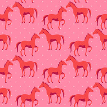 Seamless Pattern With Cute Horse On A Pink Polka Dot Background