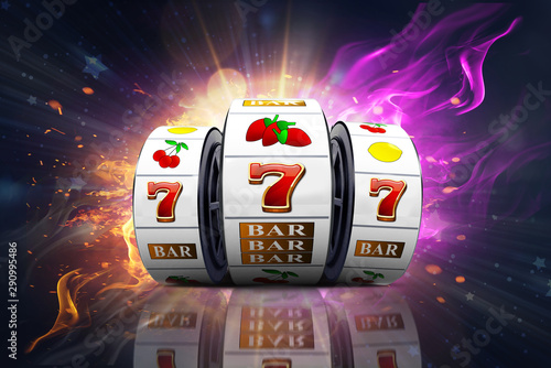 Cuadros en Lienzo Illustration, Casino element isolation of the slot machine with the lucky jackpot isolation over fire effect and abstract background