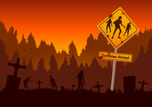 Graveyard With Zombies And Warning Sign In Orange Theme. Illustration About Halloween And Horror Concept.