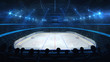 Ice hockey stadium with spotlights and crowd of fans, upper side view, professional ice hockey sport 3D render