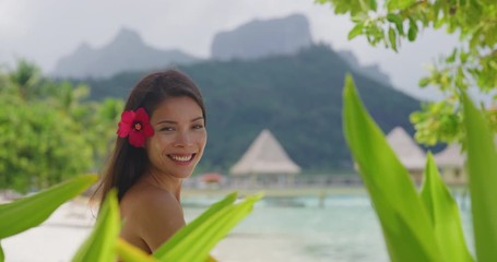 Wall Mural - Asian natural beauty woman wellness spa skincare on tropical beach background.