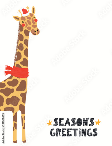 Hand drawn Christmas card with cute giraffe in Santa Claus hat, quote Seasons...