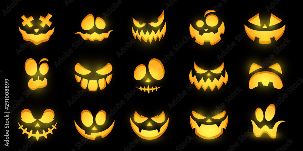 Scary and funny glowing faces of Halloween pumpkin or ghost . Vector collection. - obrazy, fototapety, plakaty 