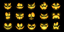 Scary And Funny Glowing Faces Of Halloween Pumpkin Or Ghost . Vector Collection.