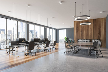 Gray and wooden panoramic office and meeting room