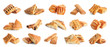 Set of fresh delicious puff pastries on white background