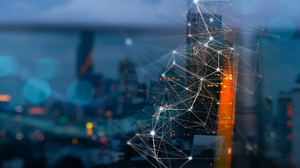 Fototapete - Wireless network and Connection technology concept with Abstract buildings and city background