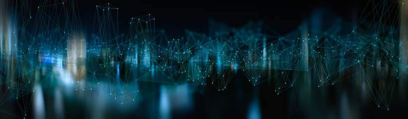 Fototapete - Wireless network and Connection technology concept with Abstract Bangkok city background in panorama view