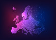 Futuristic glowing low polygonal Europe continent map on dark blue and purple background.
