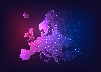 Wall Mural - Futuristic glowing low polygonal Europe continent map on dark blue and purple background.