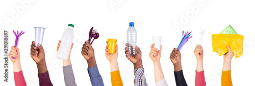 Cuadros en Lienzo Plastic waste in hands isolated on white background