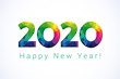 2020 Happy New Year greetings. Celebrating congratulating banner with colored facet stained numbers. Jubilee or birthday multicolor logo. 2, 20th, 20 years old illustration or sale 20% special offer