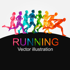 Running marathon, people run, colorful poster. Vector illustration background silhouette sport