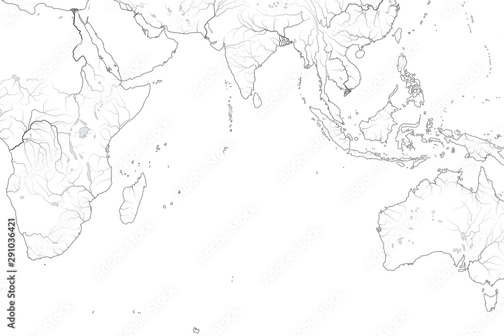 World Map of INDIAN OCEAN: Erythraean Sea, Arabian Sea, Bengal Bay, Sri-Lanka, The Maldives, The Seychelles, Ceylon, India, Africa, Australia, Indonesia, Madagascar. Geographic chart with coastline.