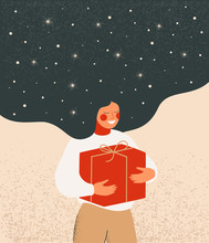 Christmas Illustration With Dreamy Woman With Flying Hair Holds Red Gift Box. Vector Festive Concept For Merry Christmas And Happy New Year