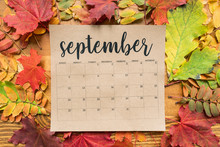 September Calendar Sheet With Autumn Leaves Of Red, Yellow And Green Color