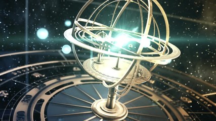 Wall Mural - 4k. armillary sphere and zodiac signs on background of starry sky. 3d animation. ultra high definiti