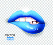 Sexy lips, bite one's lip, female lips with blue lipstick isolated on transparent background. Ice lips. 3D effect. Vector illustration. EPS10